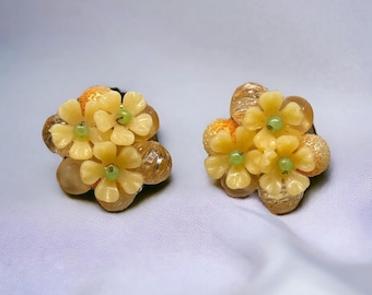 Vintage Lucite Flower Earrings Yellow Floral Hong Kong Clip On Circa 1950s