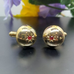 Vintage Round CuffLinks Goldtone with Faux Rubies Circa 1970s
