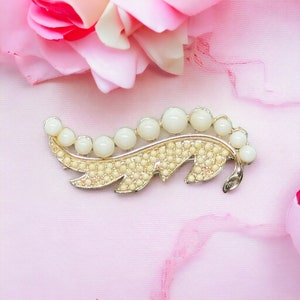 Vintage Swirled Leaf Brooch Pin Goldtone with White Cabochons Circa 1960s