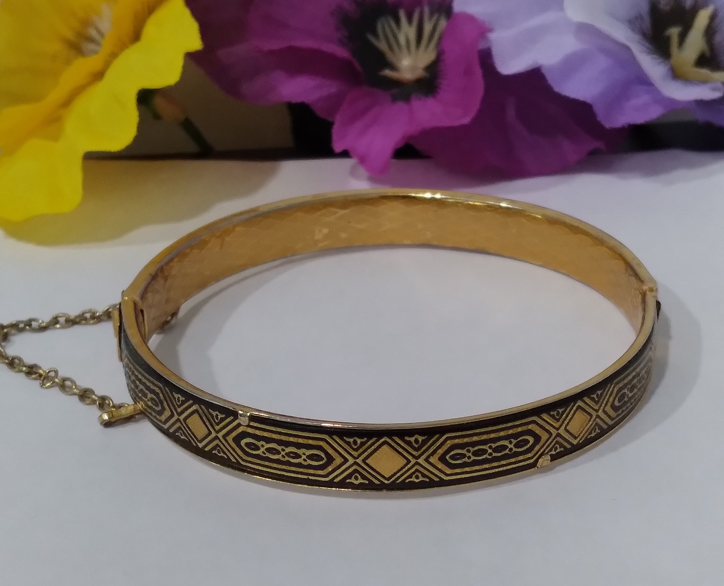 Vintage 60s Enameled Bangle Bracelet Goldtone With Geometric - Etsy