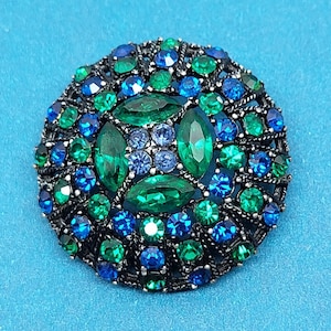 Vintage Samsan SA Brooch Blue and Green Rhinestones Black Japanned Round Domed Pin