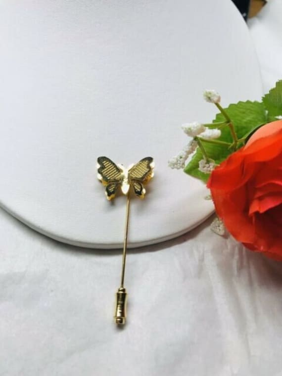 Vintage Butterfly Stickpin Goldtone Filigree 3D T… - image 6