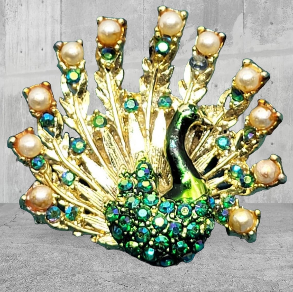Vintage Designer Rhinestone Peacock Brooch
