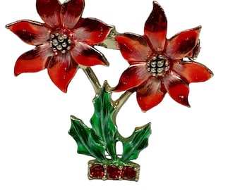 Vintage POINSETTIA Christmas Brooch Pin Red and Green Enamel Rhinestones Floral Circa 1980s