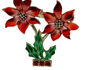 Vintage POINSETTIA Christmas Brooch Pin Red and Green Enamel Rhinestones Floral Circa 1980s