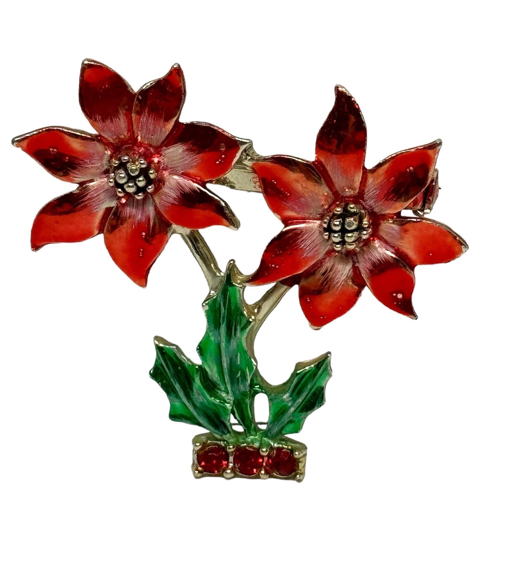 Vintage POINSETTIA Christmas Brooch Pin Red and Green Enamel Rhinestones Floral Circa 1980s