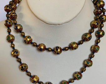 Vintage 31” Chinese Export  Cloisonné Glass Necklace Hand Painted with Brass and Enamel Inlay