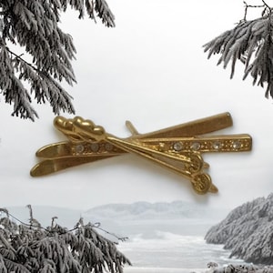 Skis and Poles Tie Tack Pin Goldtone  Rhinestones