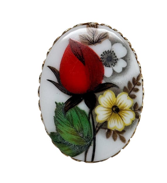 Broche Vintage Ovale à Motif Floral - Bijou Ancien - Occasion