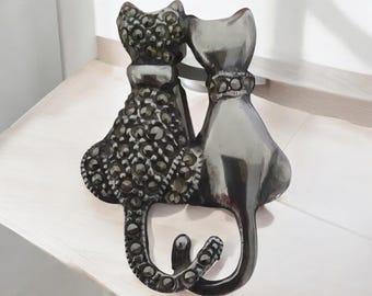 Sterling Silver Kitty Cat Marcasite Brooch Pin Kitten Friends Vintage 1970s