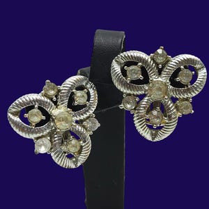 Vintage Rhinestone Flower Clip On Earrings Silvertone Circa 1960s