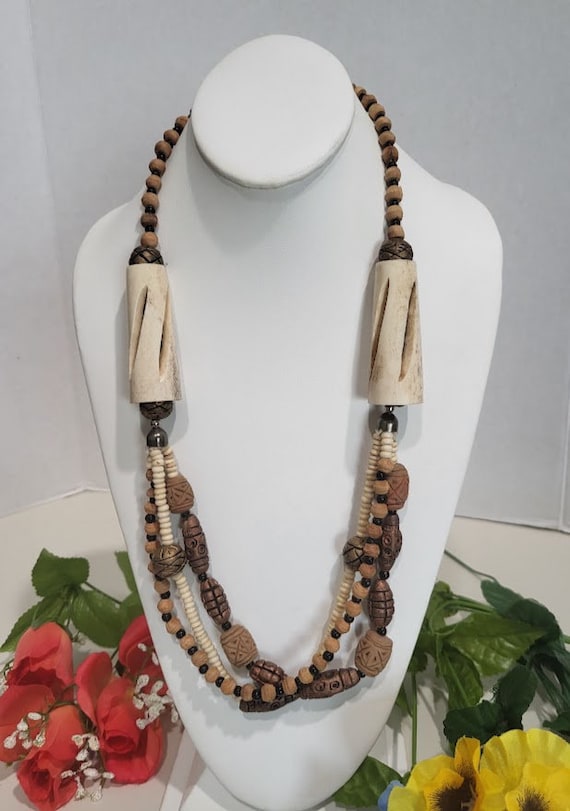 Vintage Tribal Wood and Bone Necklace 28" With Hoo