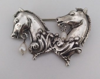 Vintage Sterling Silver Brooch Pin with Horse Heads and Genuine Pearls Circa 1940s Lapel Pin Hand Crafted