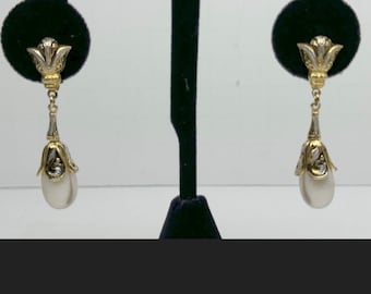 Vintage Spanish Toledoware Faux Pearl Teardrop Earrings Signed Spain