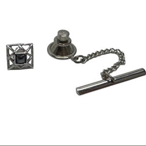 Silvertone Square Filigree Tie Tack Lapel Pin with Iridescent Black Stone Center