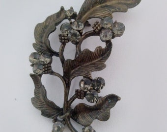 Vintage Mourning Brooch Pin with Rhinestones and Berry Clusters Circa 1950s