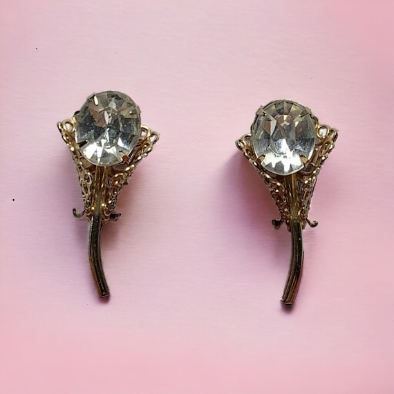 Stunning Vintage Oval Rhinestone Floral Earrings,… - image 1