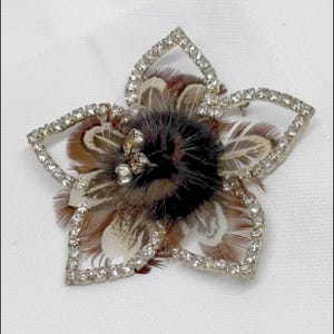Stunning Rhinestone Brooch with Mink Fur Center 3” Across Vintage 1960s