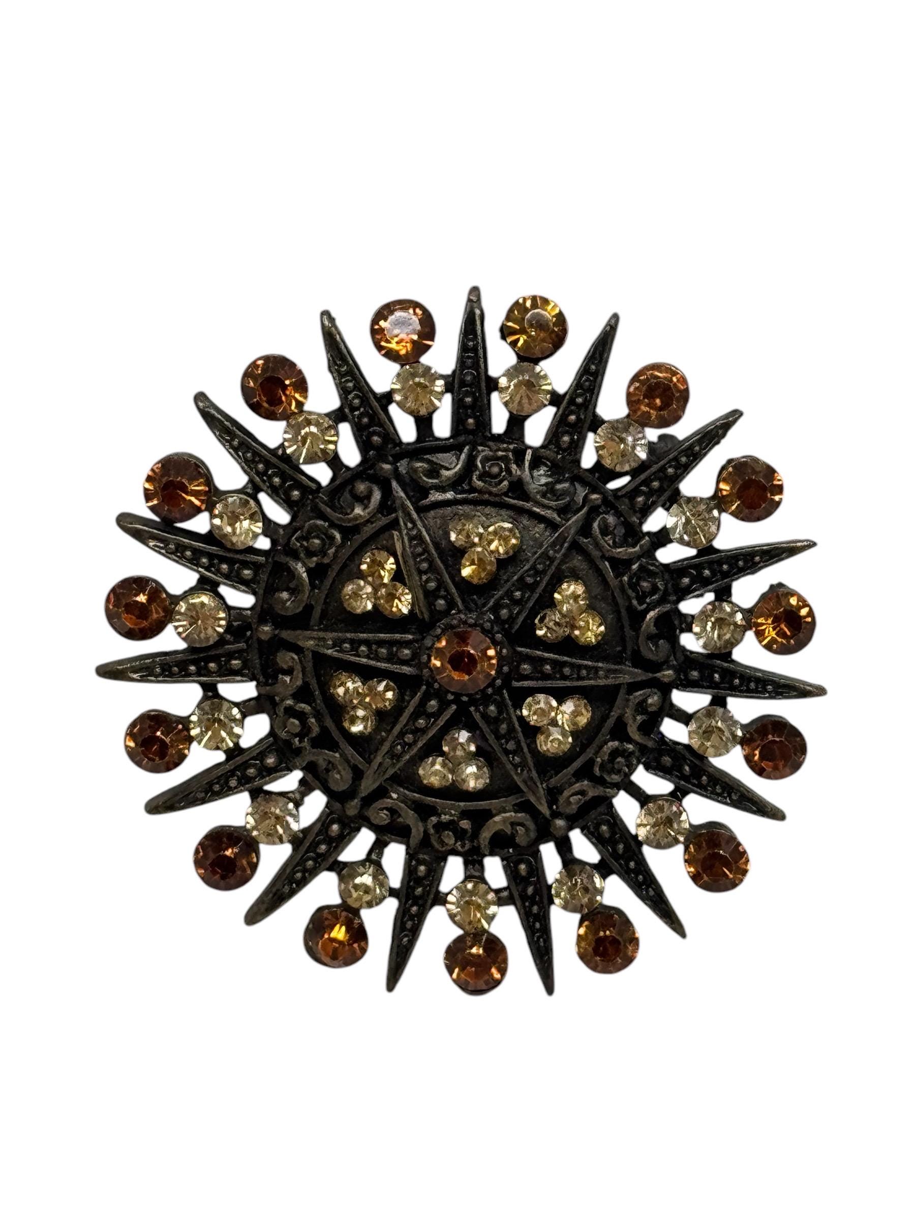 スターバースト ラインストーン ブローチピン ブロンズトーン マルチ