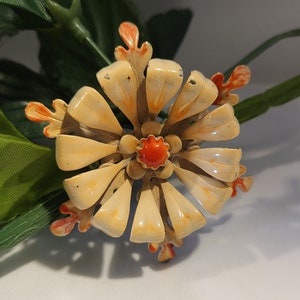 Vintage Orange Enamel Flower Brooch Pin Layered Three Dimensional Circa 1960s