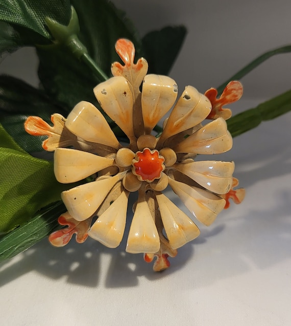 Vintage Orange Enamel Flower Brooch Pin Layered T… - image 1