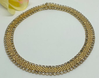 Vintage 14.75” Goldtone Mesh Necklace With Rhinestones on Each Edge Circa 1970s
