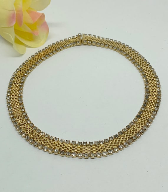 Vintage 14.75” Goldtone Mesh Necklace With Rhines… - image 2