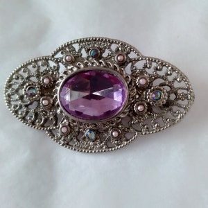 Vintage Silver Tone Amethyst Color Rhinestone Brooch Pin Victorian Style Filigree Design Circa 1990s 2.5&quot;  Wide