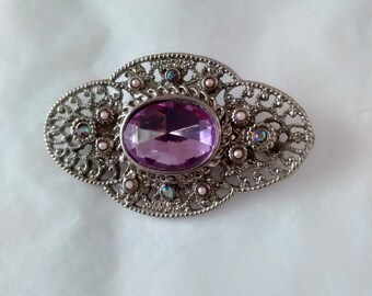 Vintage Silver Tone Amethyst Color Rhinestone Brooch Pin Victorian Style Filigree Design Circa 1990s 2.5"  Wide