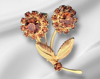 Goldtone Amber Rhinestone Floral Brooch Pin with Leaves