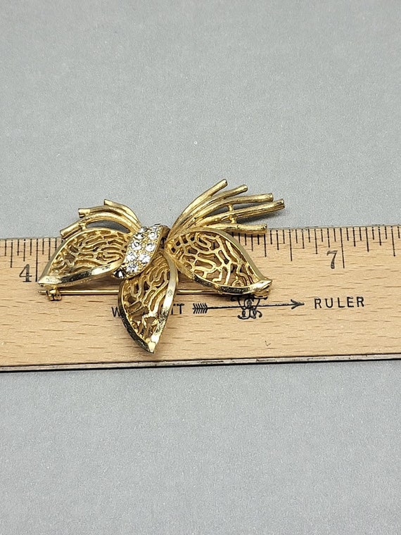 Vintage Rhinestone Filigree Leaf Brooch Pin with … - image 5