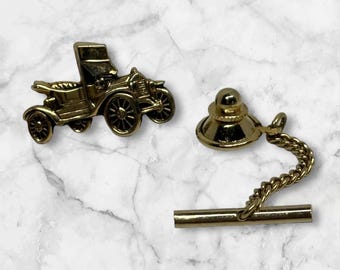 Antique Car Tie Tack Goldtone With Chain Circa 1970s