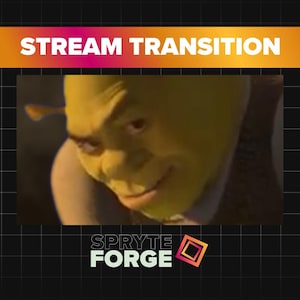 May include: A close-up of a green ogre's face with a sly smile. The ogre is looking down and to the right. The image has the text "STREAM TRANSITION" at the top and "SPRYTE FORGE" at the bottom.