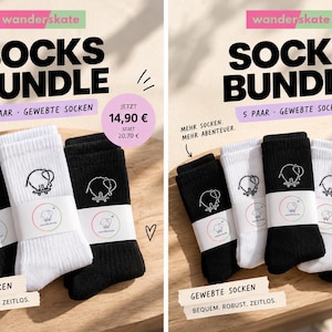 Könnte beinhalten: Ein Bündel aus schwarzen und weißen gerippten Socken mit einem kleinen gestickten Elefanten-auf-Skateboard-Logo. Die Socken sind mit einer Papierbanderole versehen, die den Markennamen wanderskate und eine kreisförmige Elefanten-Grafik zeigt.