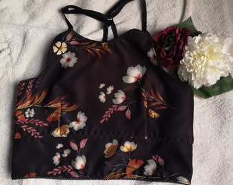 Black and floral crop top, top with adjustable straps, halter neck top