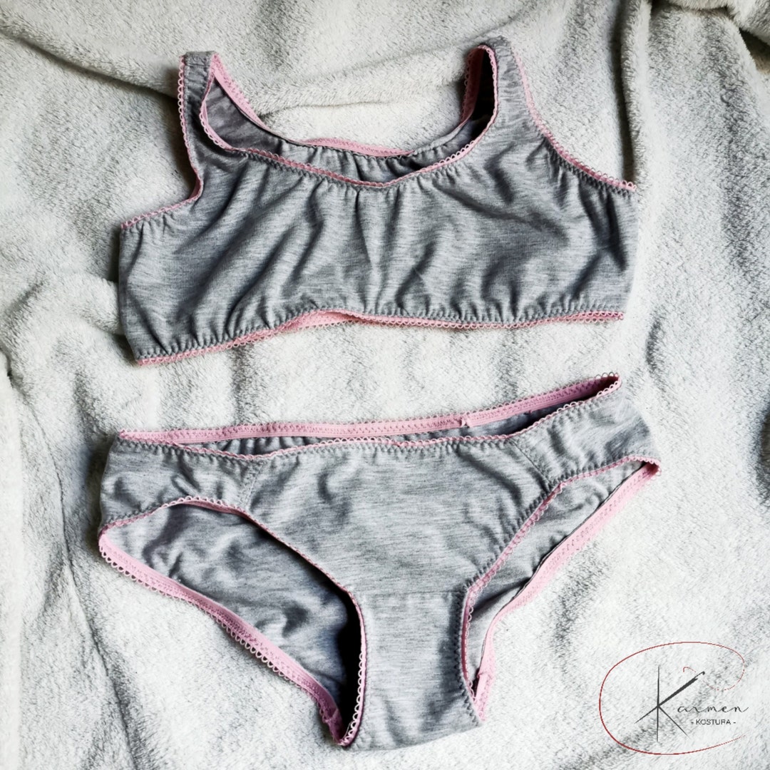 Organic Cotton Fabric, Girl's Top and Panties Underwear Set, Gray and