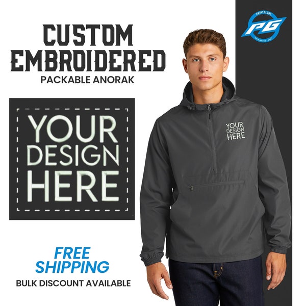 Sport-Tek ® Custom Embroidered Anorak Pullover, Custom Half Zip Custom Embroidery Logo Anorak, 100% Polyester Rain Anorak Hooded Jacket,Gift