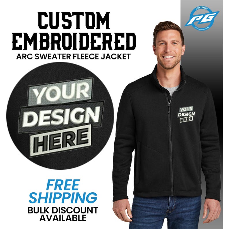 Puede incluir: Chaqueta de vell&oacute;n negra con cierre de cremallera. La chaqueta tiene un &aacute;rea de dise&ntilde;o de bordado personalizado en la parte delantera y el texto "YOUR DESIGN HERE" se muestra en el &aacute;rea de bordado.
