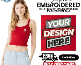 BELLA+CANVAS® Women’s Micro Rib Spaghetti Strap Tank, Women Racerback, Customize Cropped Tank, Custom Embroidered, Gift For Her, BC1012