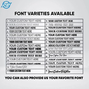 Puede incluir: Una imagen en blanco y negro que muestra 30 estilos de fuente diferentes para texto personalizado. El texto dice "FONT VARIETIES AVAILABLE" y "YOU CAN ALSO PROVIDE US YOUR FAVORITE FONT".