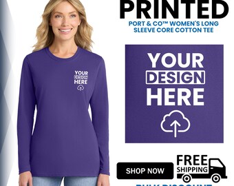 Port & Co™ Women's Long Sleeve Core Cotton Tee | Soft Cotton Poly Blend Lightweight Rib Knit Neck, Custom Printed Gift For Her (LPC54LS).