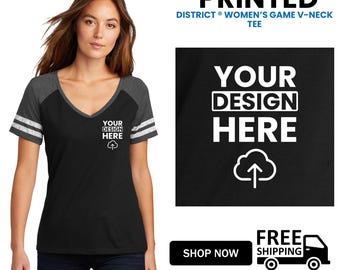 District ® Women’s Crossover V-Neck Striped Sleeve Tee | Soft Cotton Blend Fashion Top | Athletic-Inspired Casual Shirt For Her (DM476).
