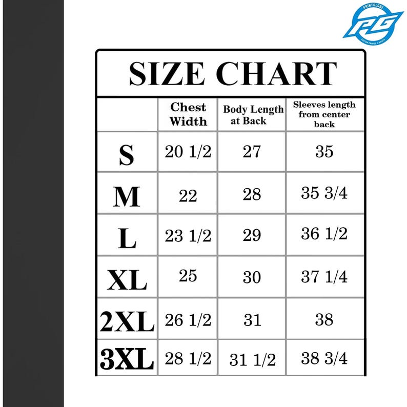 Puede incluir: Tabla de tallas para ropa con medidas en pulgadas. La tabla muestra el ancho del pecho, la longitud del cuerpo en la espalda y la longitud de la manga desde el centro de la espalda. Las tallas incluyen S, M, L, XL, 2XL y 3XL.