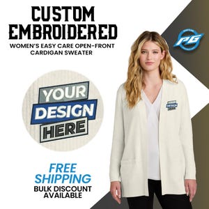 Suéter tipo cárdigan abierto al frente para mujer de Port Authority®, logotipo bordado personalizado en suéter tipo cárdigan largo para mujer, prendas de abrigo, cárdigan personalizado.