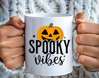 Spooky Vibes Halloween Mug | Unique Ceramic Coffee Cup | Witch & Pumpkin Design | Perfect for Coffee, Tea | Best Halloween | Christmas gift