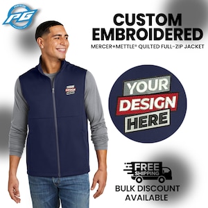 May include: A navy blue quilted vest with a zipper closure. The vest has a patch on the left chest that says "Your Design Here".