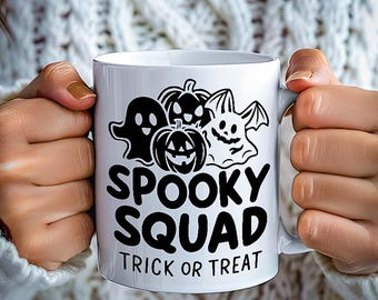 Spooky Squad Halloween Mug | Unique Ceramic Coffee Cup | Witch & Pumpkin Design | Perfect for Coffee, Tea | Best Halloween | Christmas gift