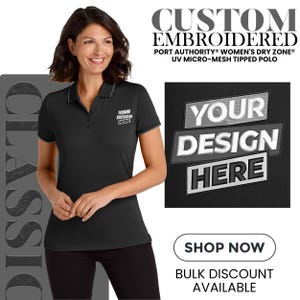 Custom Embroidered Port Authority Women&#39;s Dry Zone® UV Micro-Mesh Tipped Polo Customizable Polo Business Logo Gift For Her (LK111).