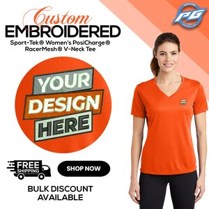 Sport-Tek® Women&#39;s PosiCharge® RacerMesh® V-Neck Tee Custom Embroidered Customizable Business Logo Gift For Her (LST340).