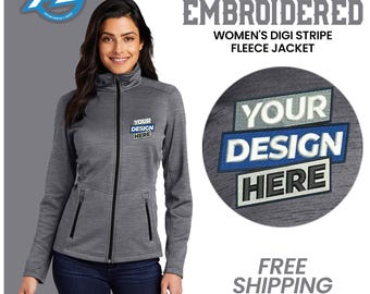 Port Authority | Custom Embroidered | Ladies Stripe Fleece Jacket| Design Your Own Logo Or Text | High Quality Embroidery Gift For Him L231